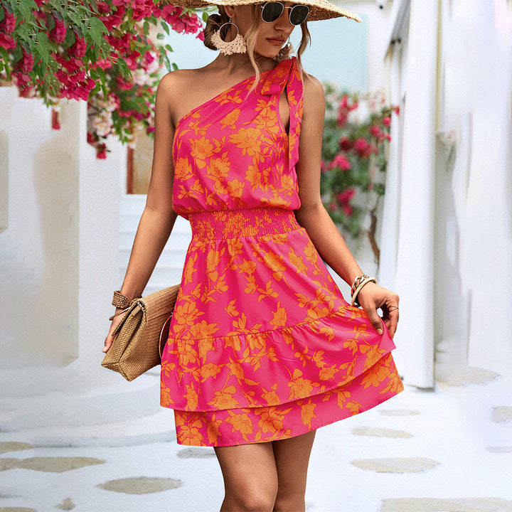 Robe Courte Asymétrique Femme – Épaules Dénudées, Imprimé Floral et Taille Smockée