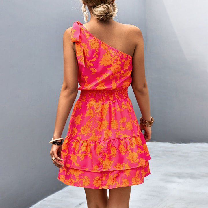 Robe Courte Asymétrique Femme – Épaules Dénudées, Imprimé Floral et Taille Smockée