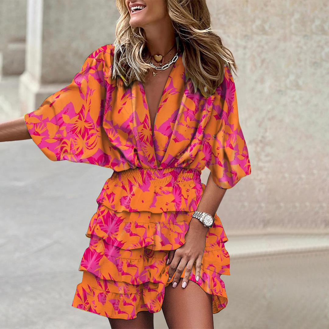 Ensemble Femme Estival – Haut Kimono à Manches Chauve-souris et Short à Volants Imprimé Géométrique