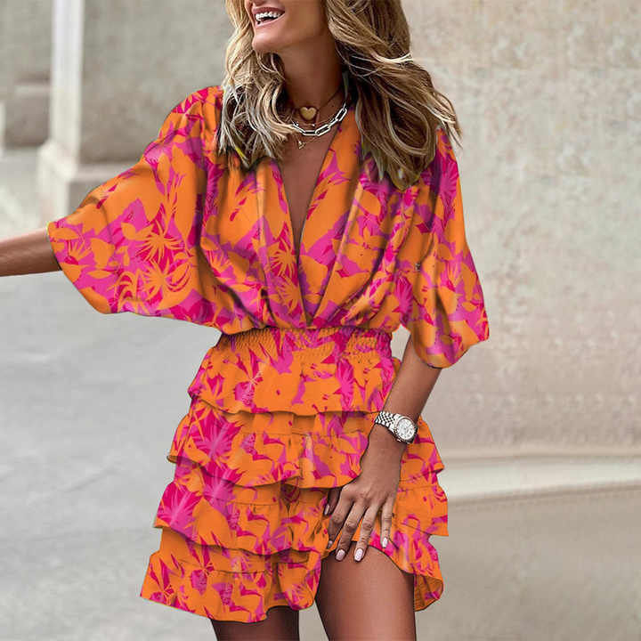 Ensemble Femme Estival – Haut Kimono à Manches Chauve-souris et Short à Volants Imprimé Géométrique