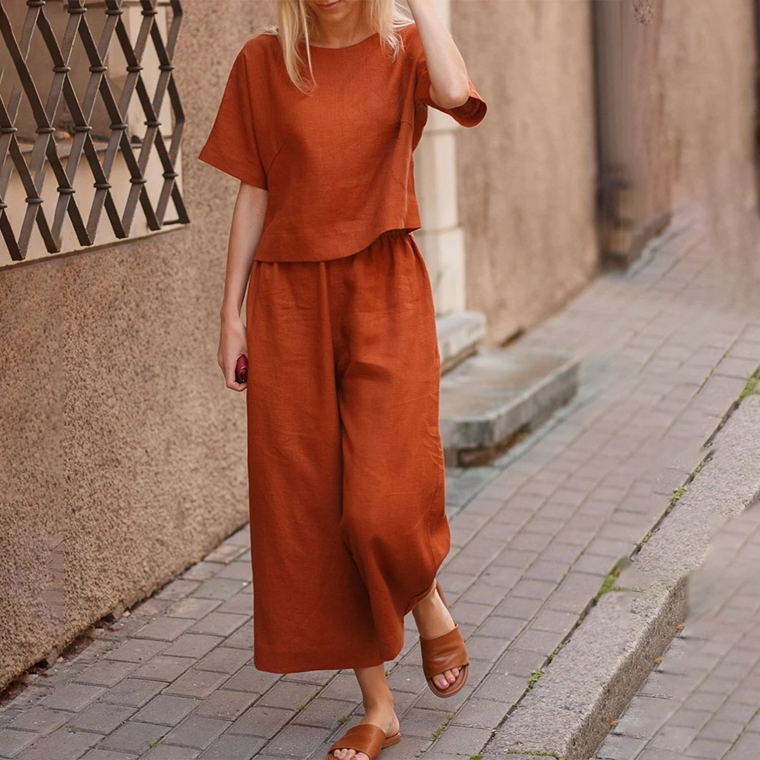 Ensemble Femme Lin Décontracté – Haut Court & Pantalon Large Taille Élastique