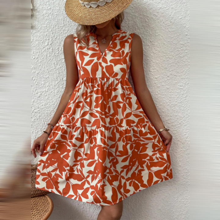 Robe Courte Évasée Femme – Sans Manches & Imprimé Feuilles – Parfaite pour Été & Vacances