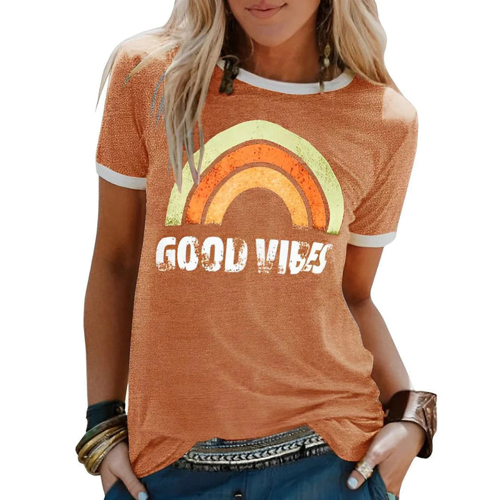 T-shirt femme imprimé rétro – Slogan "Good Vibes", coupe décontractée, col rond