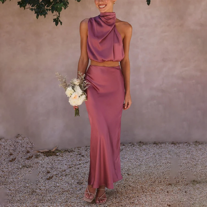 Ensemble Satin Femme 2 Pièces – Top Dos Nu & Jupe Longue Élégante
