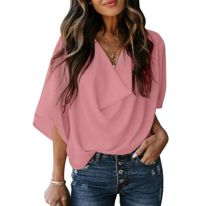Blouse femme fluide rose – Haut chic à col drapé et manches chauve-souris, style décontracté élégant