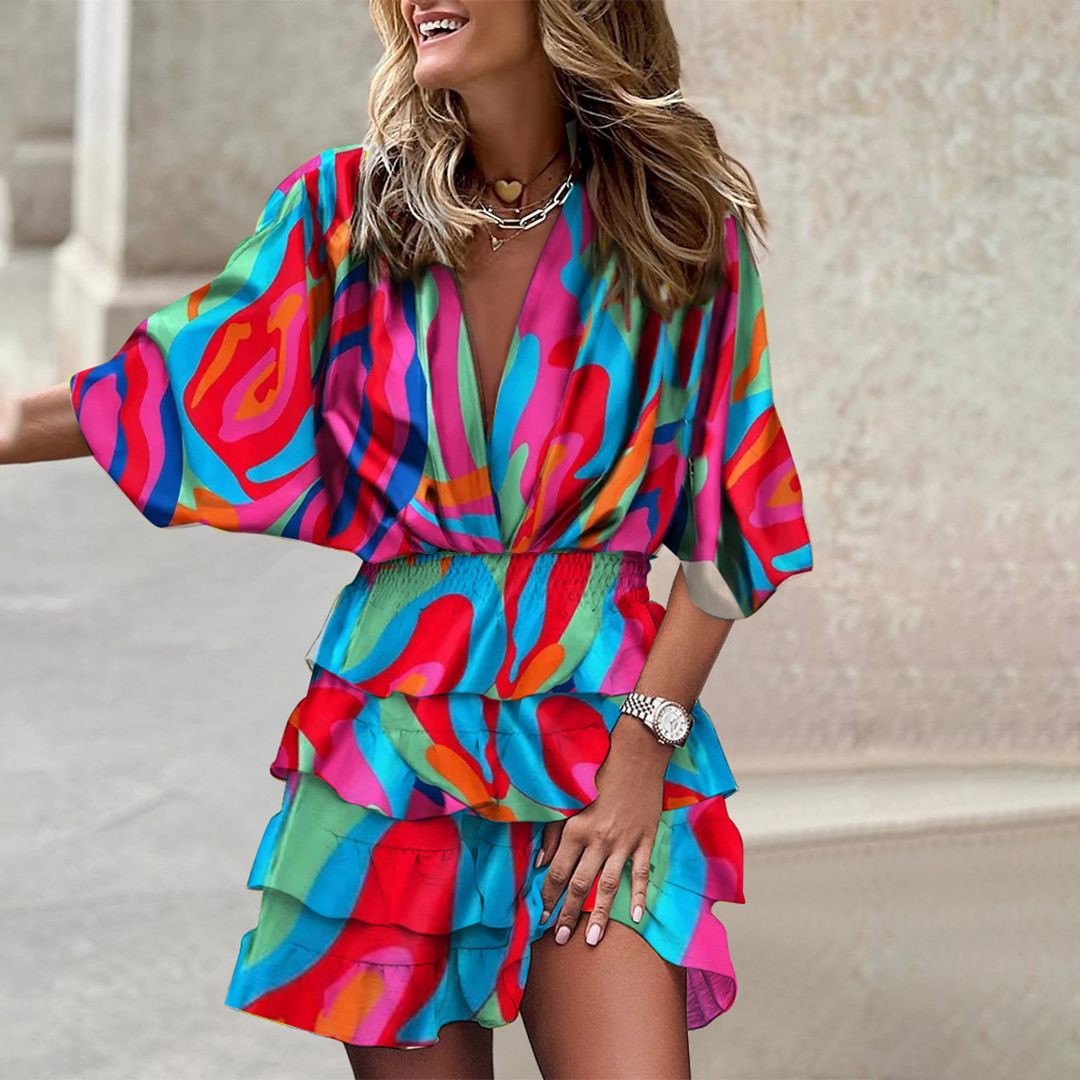 Ensemble Femme Estival – Haut Kimono à Manches Chauve-souris et Short à Volants Imprimé Géométrique