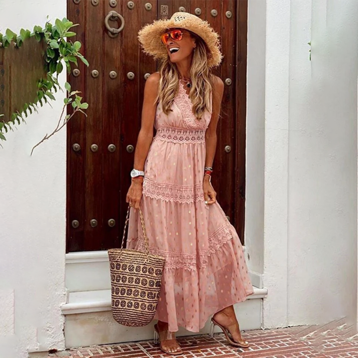 Robe Maxi Bohème Femme – Bretelles Dentelle & Jupe Longue à Volants – Parfaite pour l’Été