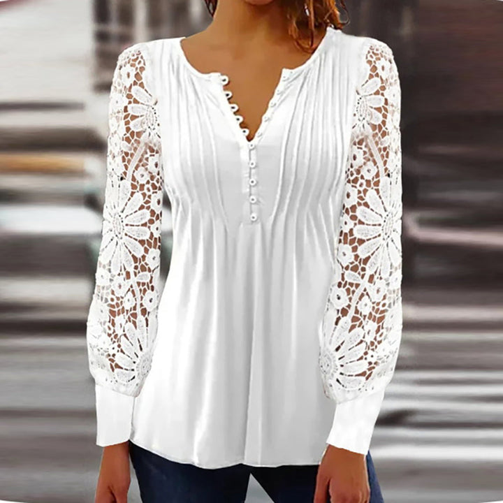Blouse femme manches longues en dentelle – Élégante, boutonnée, style chic bohème