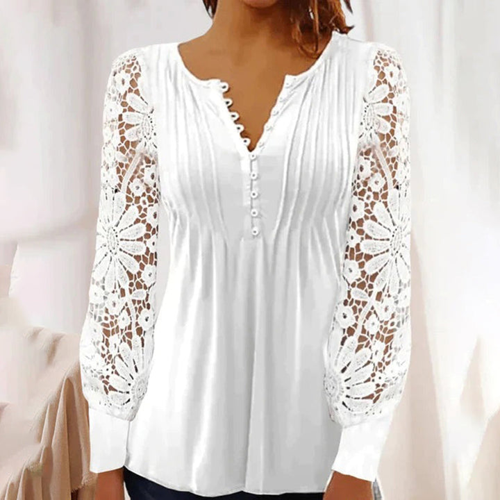 Blouse femme manches longues en dentelle – Élégante, boutonnée, style chic bohème