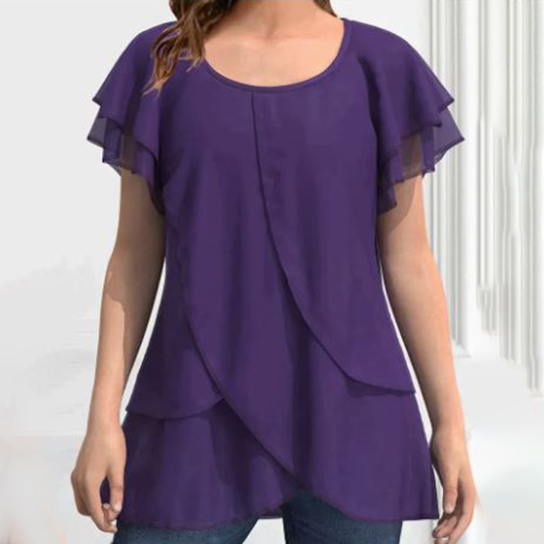 Blouse grande taille femme élégante – T-shirt fluide manches courtes à volants superposés