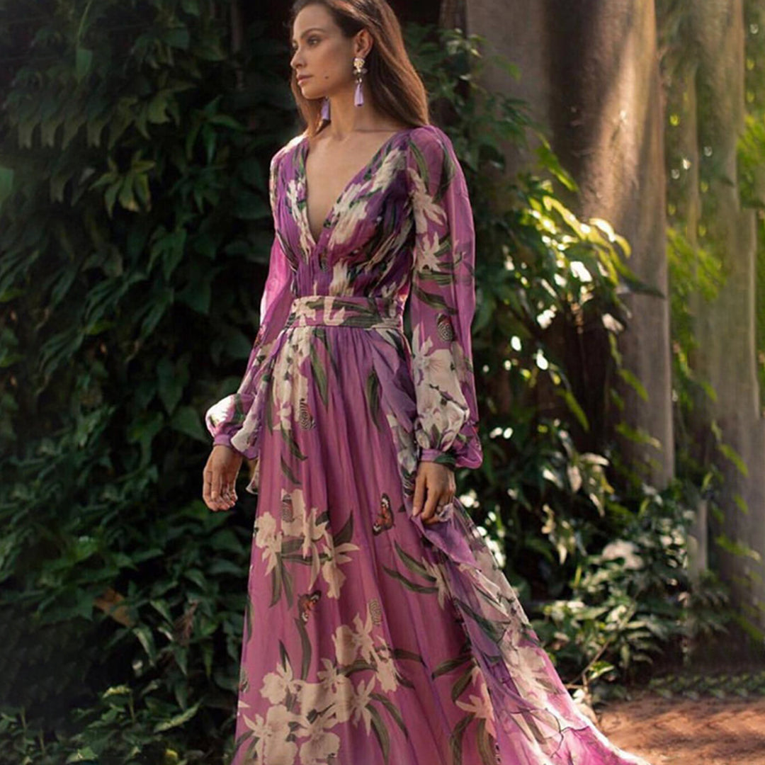 Robe Longue Bohème Femme – Décolleté Plongeant & Imprimé Floral Élégant