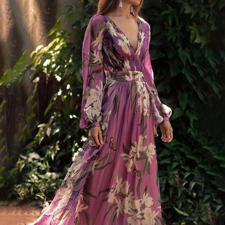 Robe Longue Bohème Femme – Décolleté Plongeant & Imprimé Floral Élégant