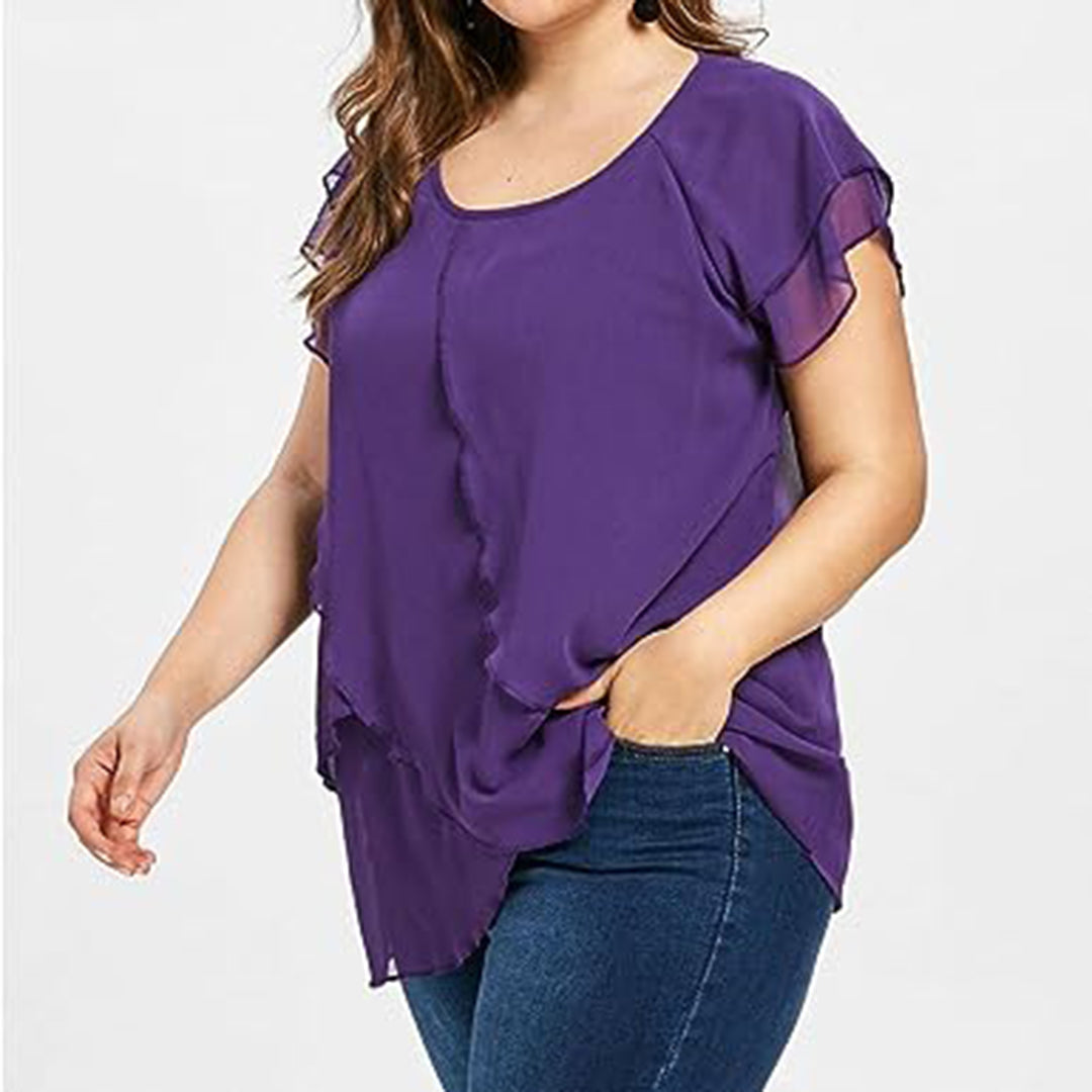 Blouse grande taille femme élégante – T-shirt fluide manches courtes à volants superposés