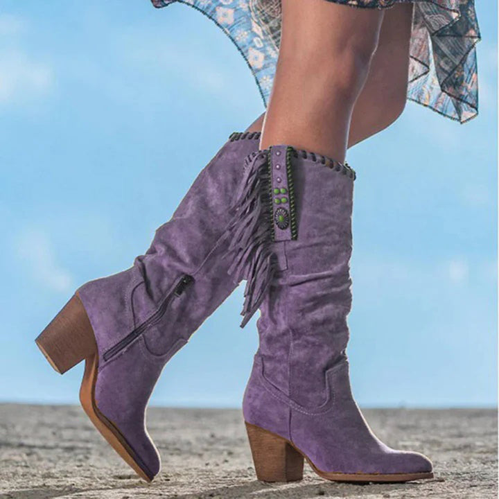 Bottes Femme Western à Franges – Talon Bloc Confort – Style Cowboy Bohème