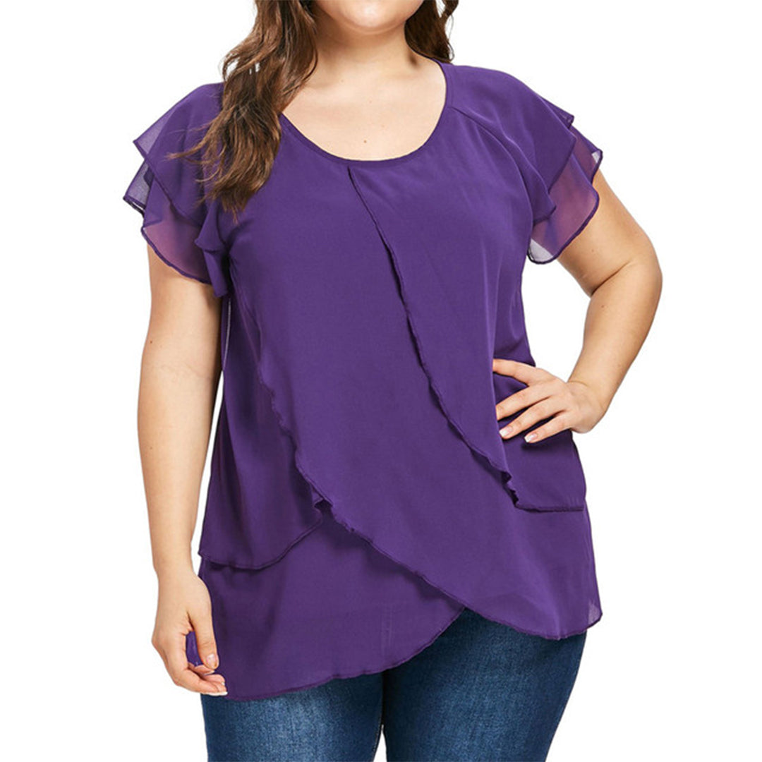 Blouse grande taille femme élégante – T-shirt fluide manches courtes à volants superposés