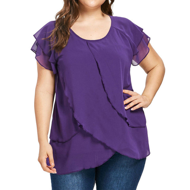 Blouse grande taille femme élégante – T-shirt fluide manches courtes à volants superposés