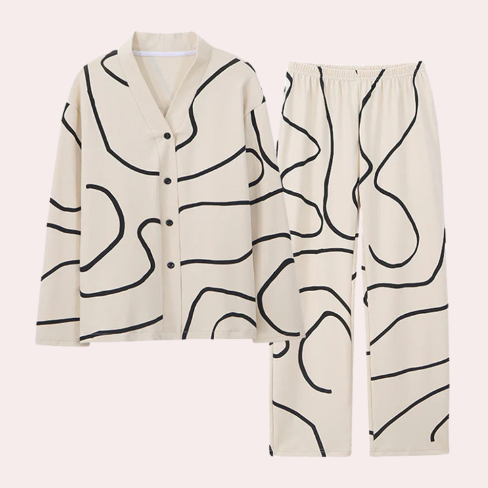 Pyjama Femme Moderne 2 Pièces – Ensemble Boutonné à Imprimé Abstrait – Tenue de Nuit Confort et Style