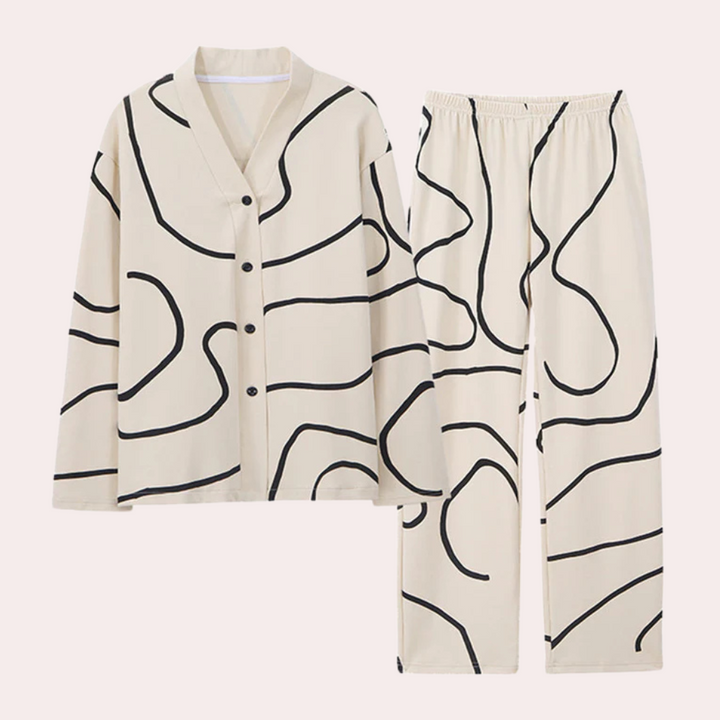 Pyjama Femme Moderne 2 Pièces – Ensemble Boutonné à Imprimé Abstrait – Tenue de Nuit Confort et Style