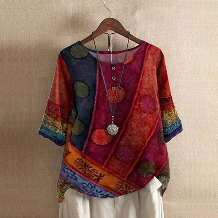 Blouse bohème femme manches 3/4 – Imprimé patchwork ethnique, col rond boutonné