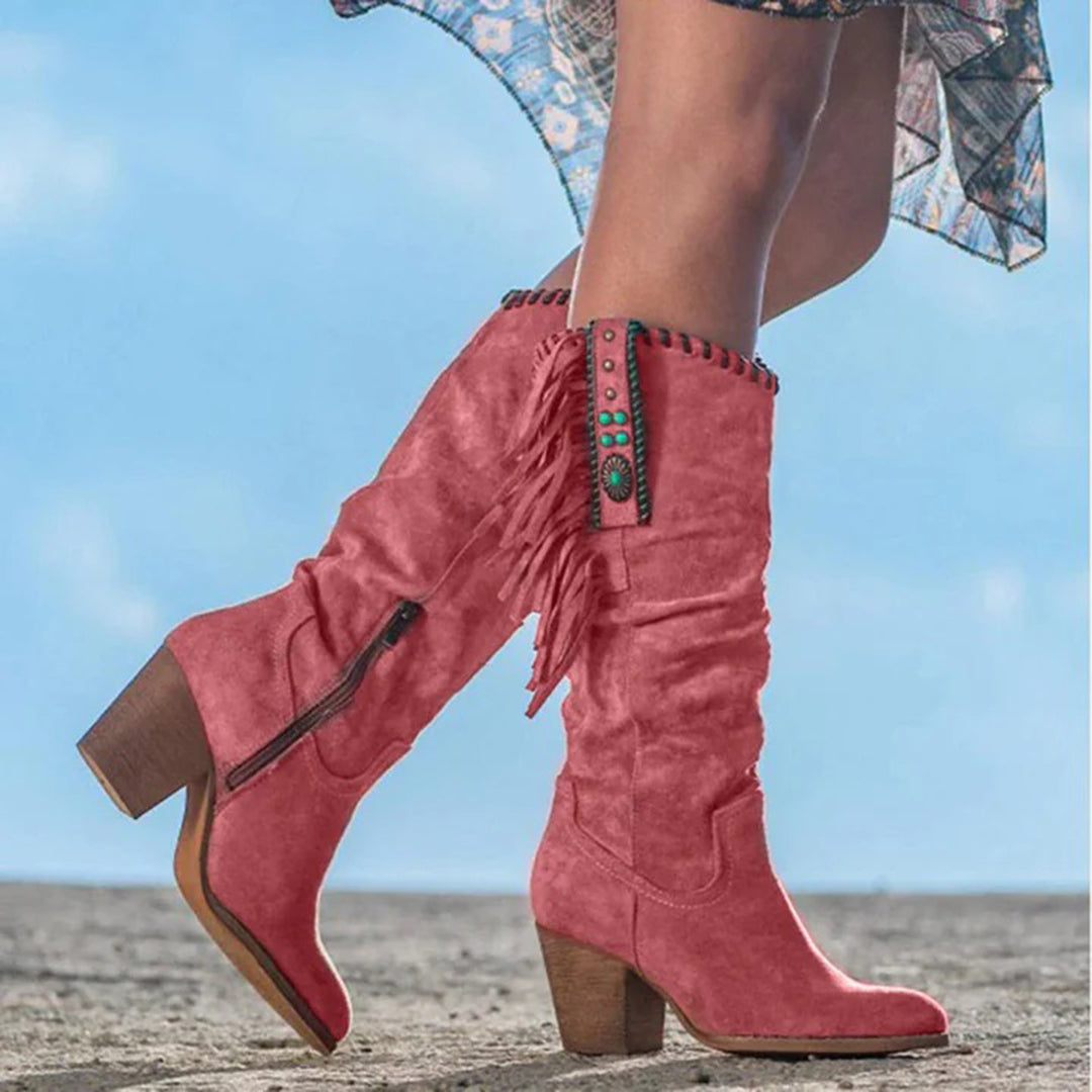 Bottes Femme Western à Franges – Talon Bloc Confort – Style Cowboy Bohème