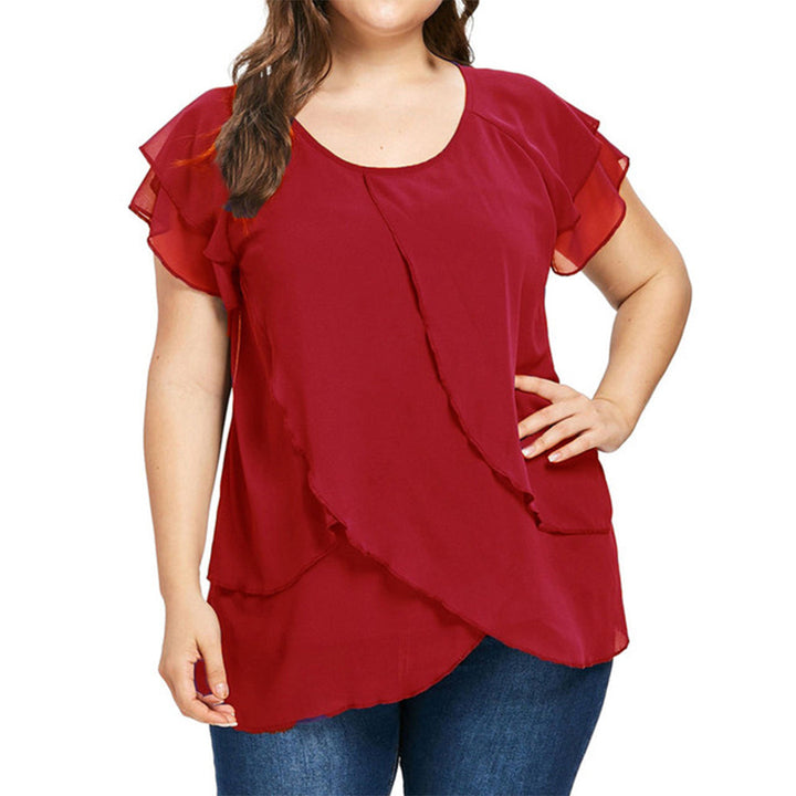 Blouse grande taille femme élégante – T-shirt fluide manches courtes à volants superposés