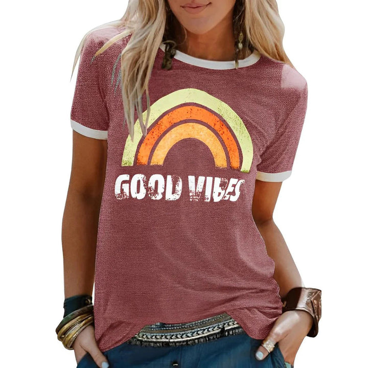 T-shirt femme imprimé rétro – Slogan "Good Vibes", coupe décontractée, col rond