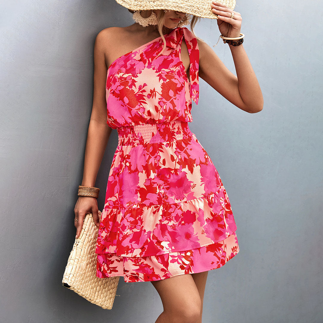 Robe Courte Asymétrique Femme – Épaules Dénudées, Imprimé Floral et Taille Smockée