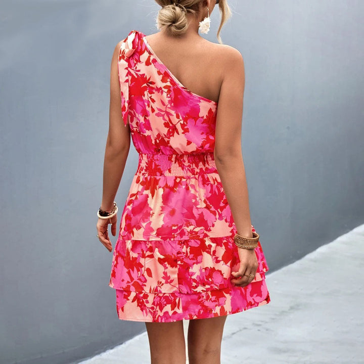 Robe Courte Asymétrique Femme – Épaules Dénudées, Imprimé Floral et Taille Smockée