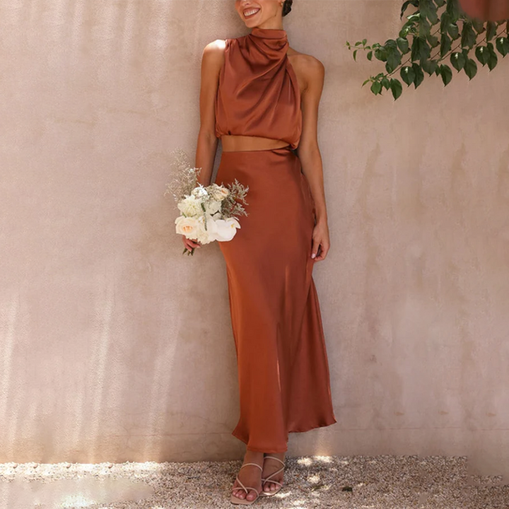 Ensemble Satin Femme 2 Pièces – Top Dos Nu & Jupe Longue Élégante
