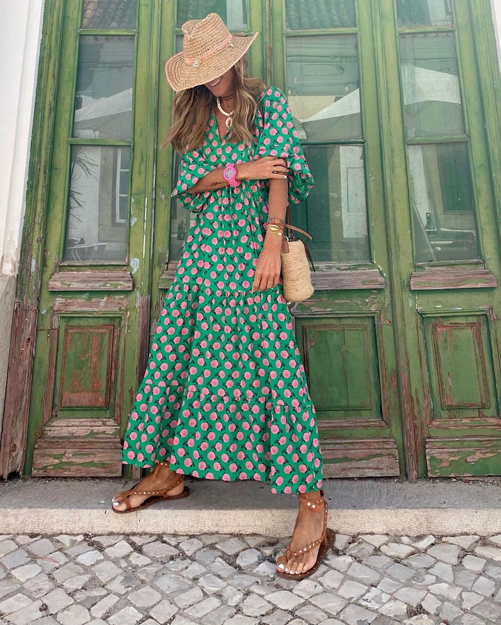 Robe Longue Bohème Femme – Décolleté V & Motif Imprimé Estival