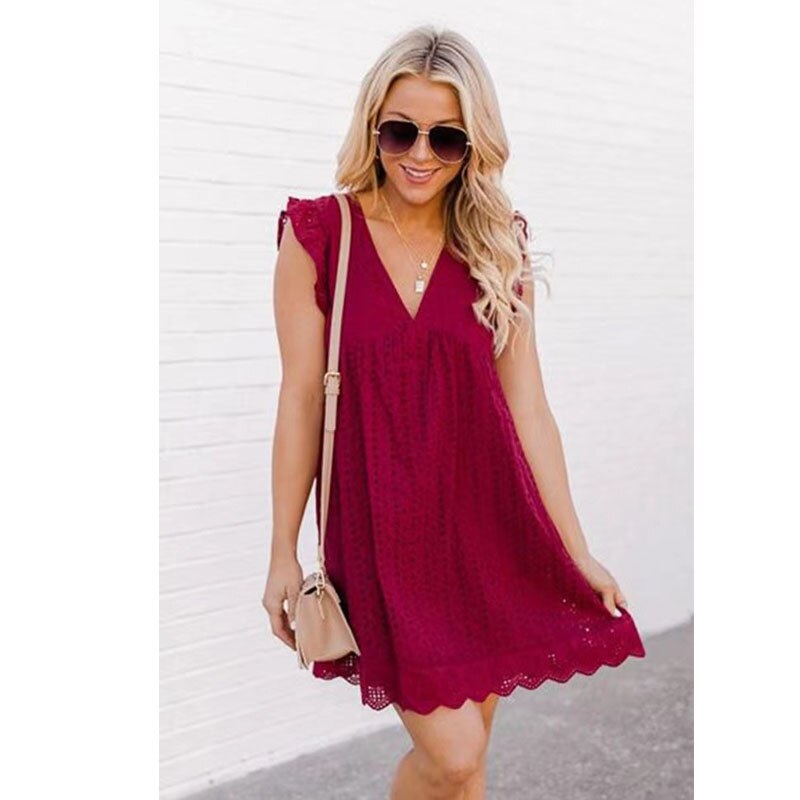 Robe Courte Brodée Femme – Détails à Volants & Motif Ajourné – Style Estival Décontracté