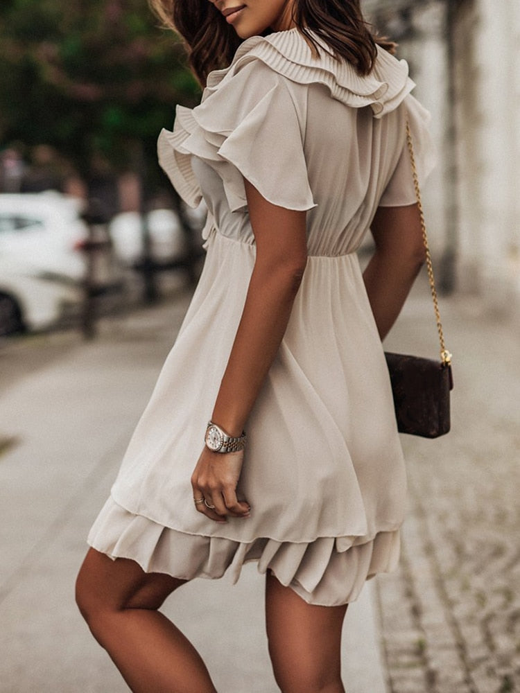 Robe Courte Volants Femme – Décolleté en V, Manches Papillon et Coupe Fluide Élégante