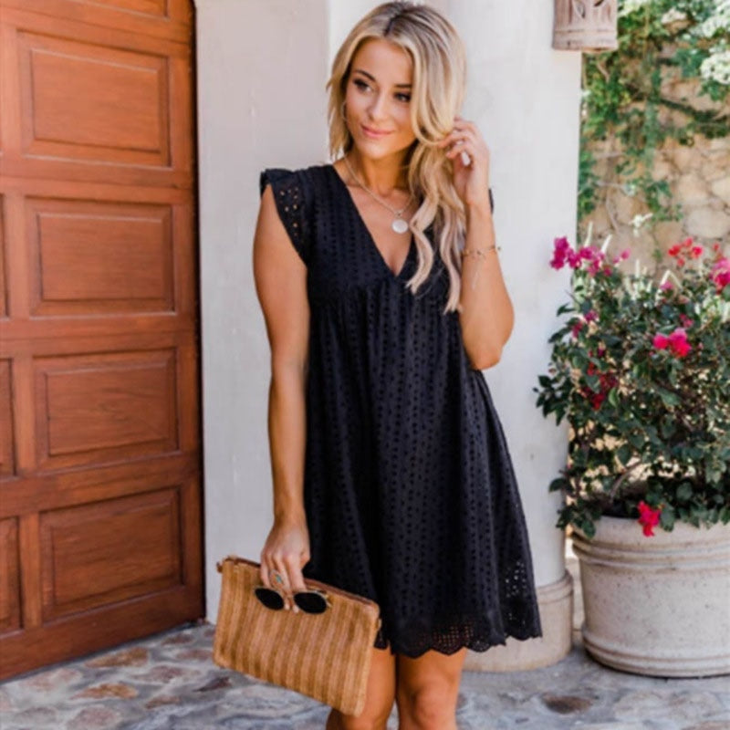 Robe Courte Brodée Femme – Détails à Volants & Motif Ajourné – Style Estival Décontracté