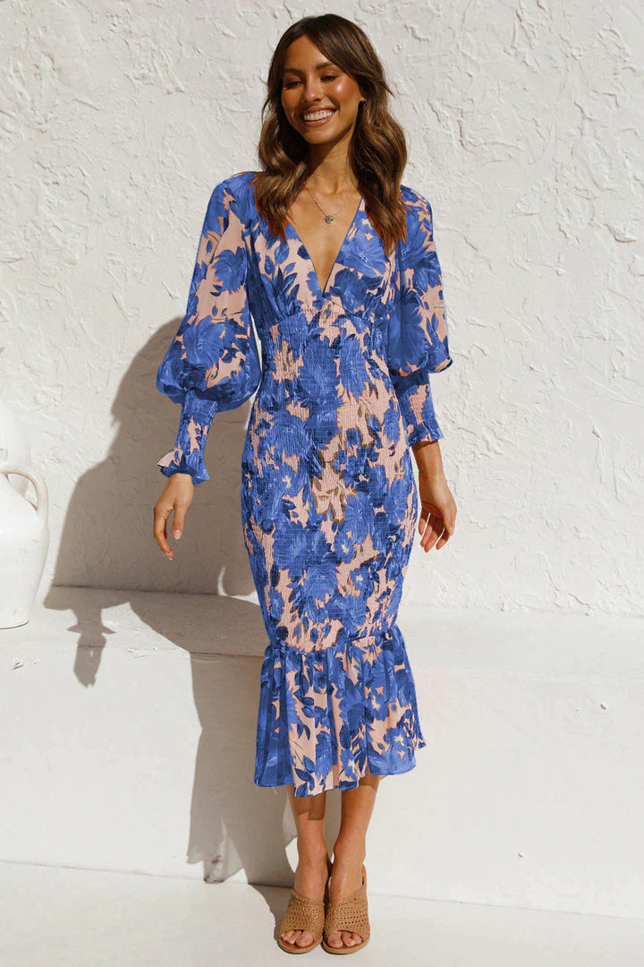 Robe Midi Fleurie Femme – Manches Longues Bouffantes, Taille Smockée et Bas Volanté