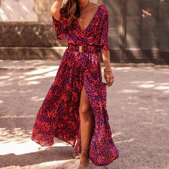 Robe Longue Fendue Femme – Imprimé Bohème, Manches Chauve-souris et Ceinture à Boucle