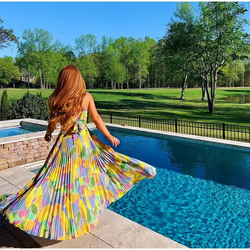 Robe Longue Plissée Femme – Bretelles Fines & Décolleté Plongeant – Robe de Vacances Élégante et Colorée