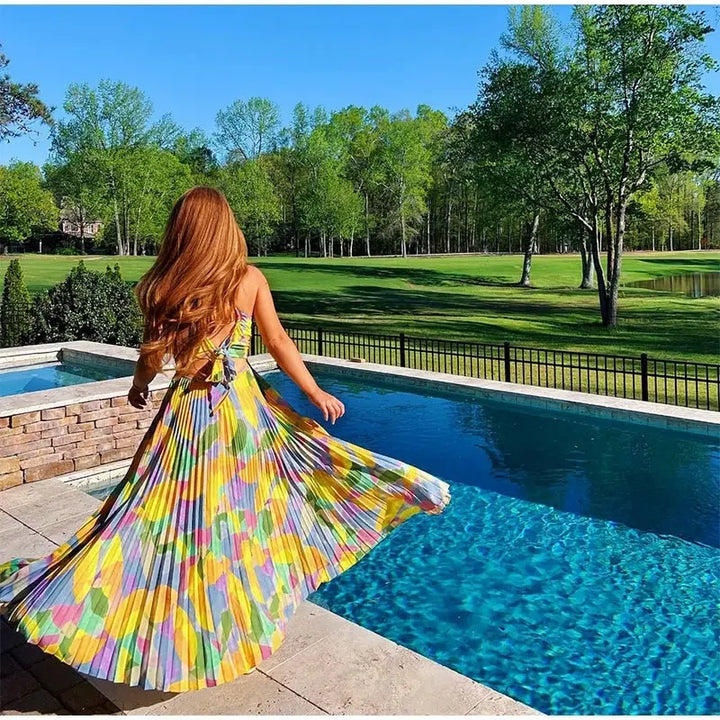 Robe Longue Plissée Femme – Bretelles Fines & Décolleté Plongeant – Robe de Vacances Élégante et Colorée
