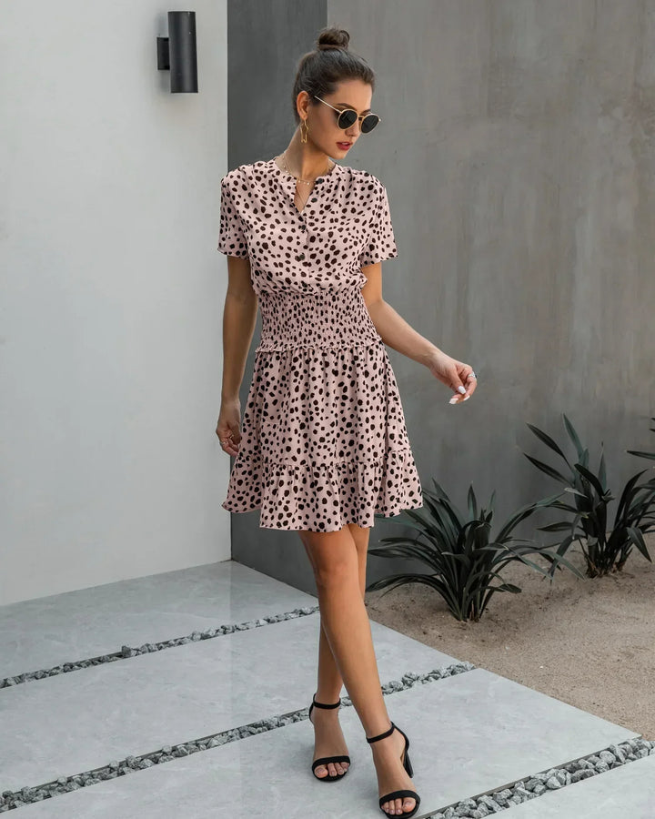 Robe Courte Femme – Imprimé Taches Sauvages & Taille Froncée – Style Décontracté Tendance