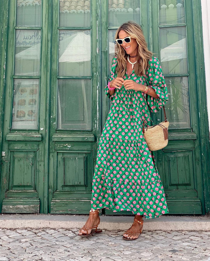 Robe Longue Bohème Femme – Décolleté V & Motif Imprimé Estival