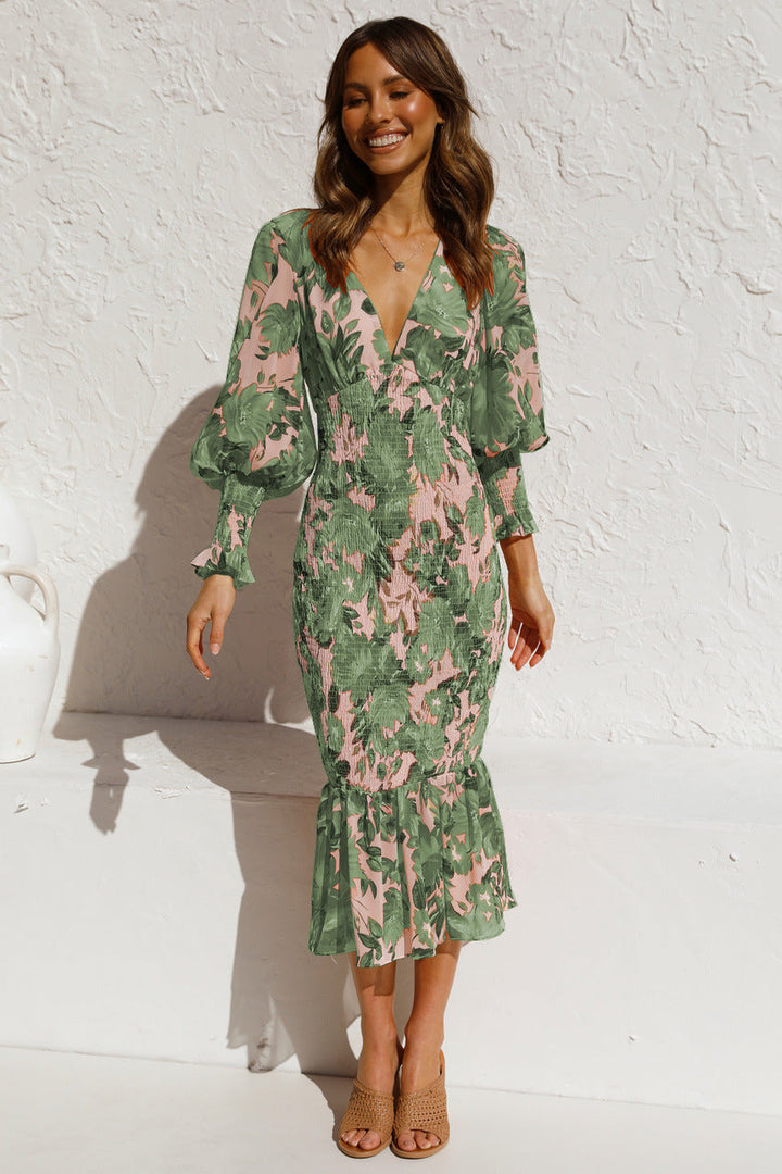 Robe Midi Fleurie Femme – Manches Longues Bouffantes, Taille Smockée et Bas Volanté