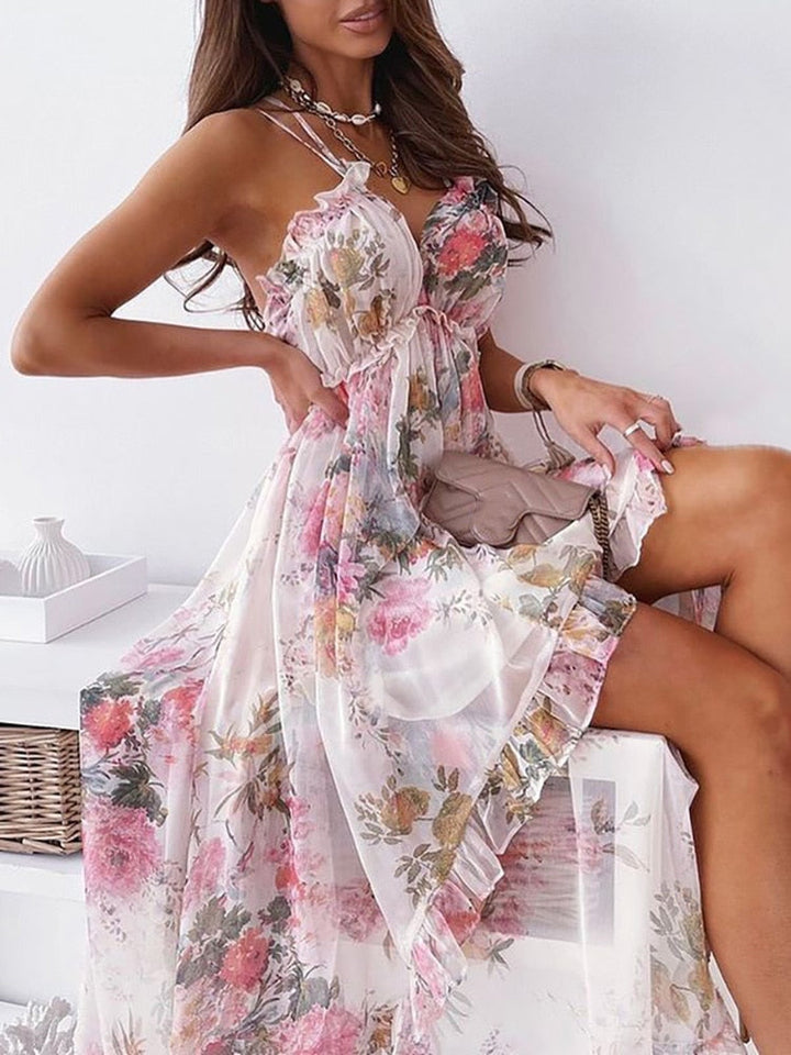 Robe Asymétrique Fluide à Bretelles Fines avec Imprimé Fleuri et Volants
