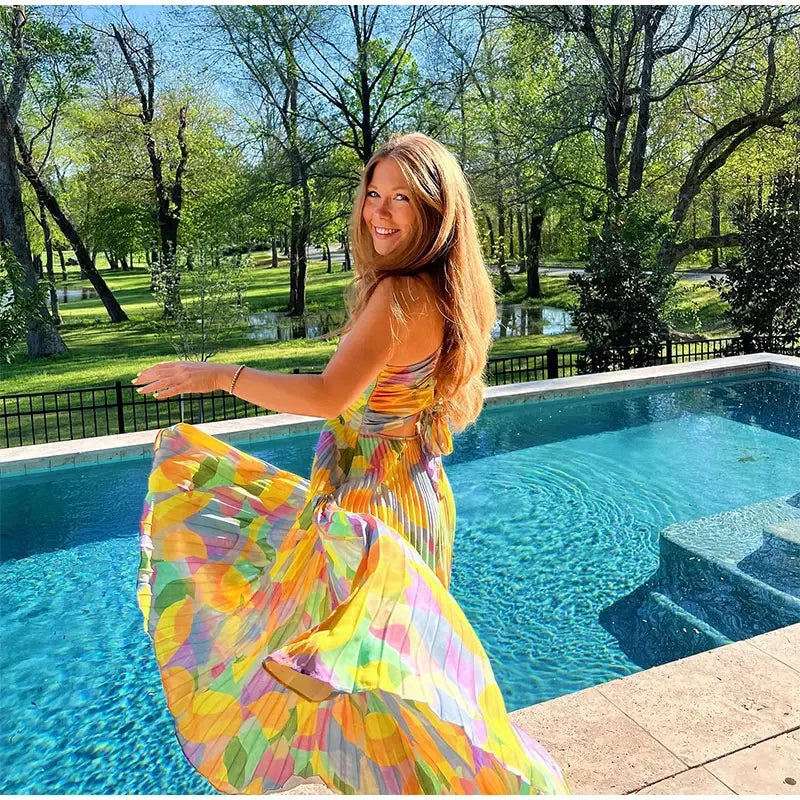 Robe Longue Plissée Femme – Bretelles Fines & Décolleté Plongeant – Robe de Vacances Élégante et Colorée