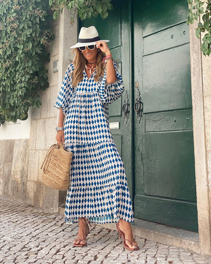 Robe Longue Bohème Femme – Décolleté V & Motif Imprimé Estival