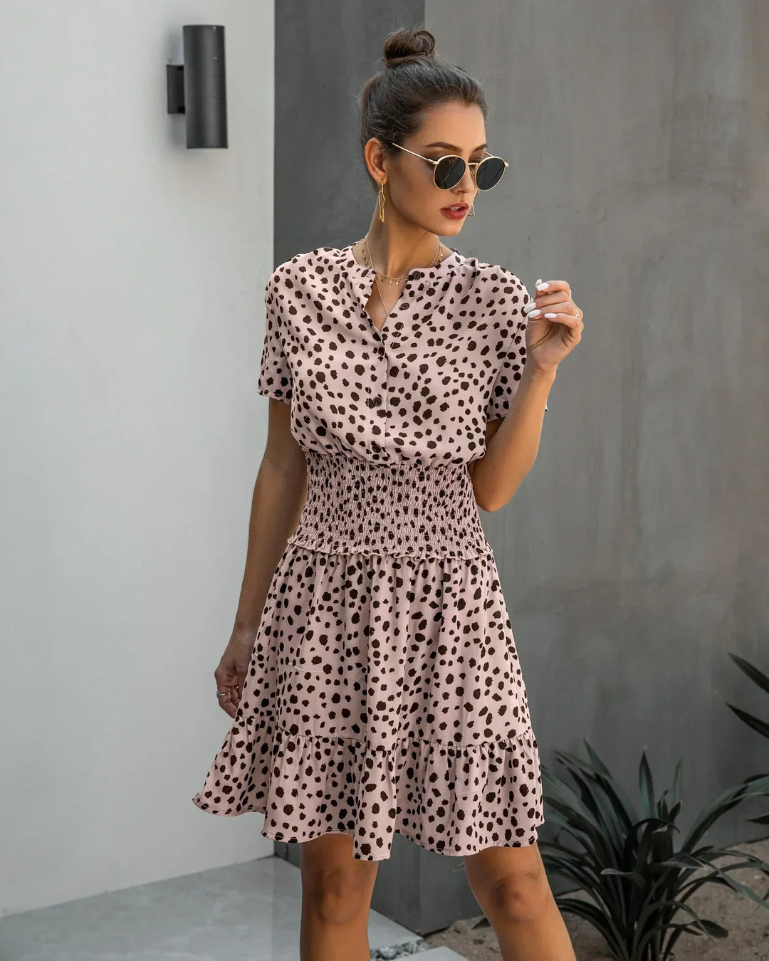 Robe Courte Femme – Imprimé Taches Sauvages & Taille Froncée – Style Décontracté Tendance