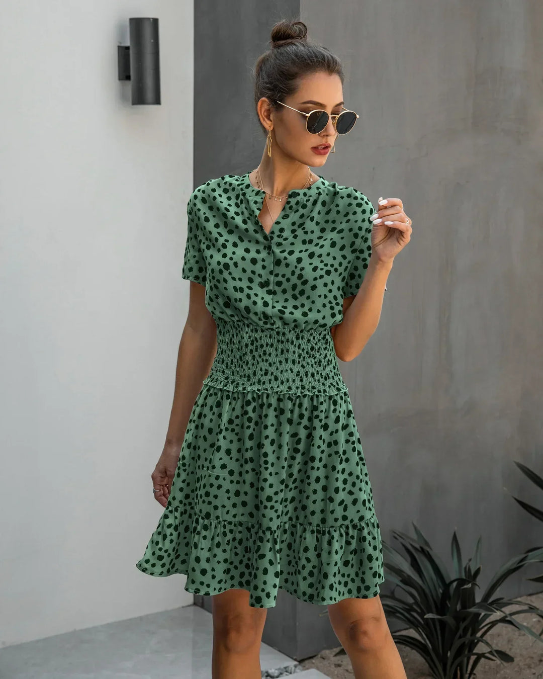 Robe Courte Femme – Imprimé Taches Sauvages & Taille Froncée – Style Décontracté Tendance