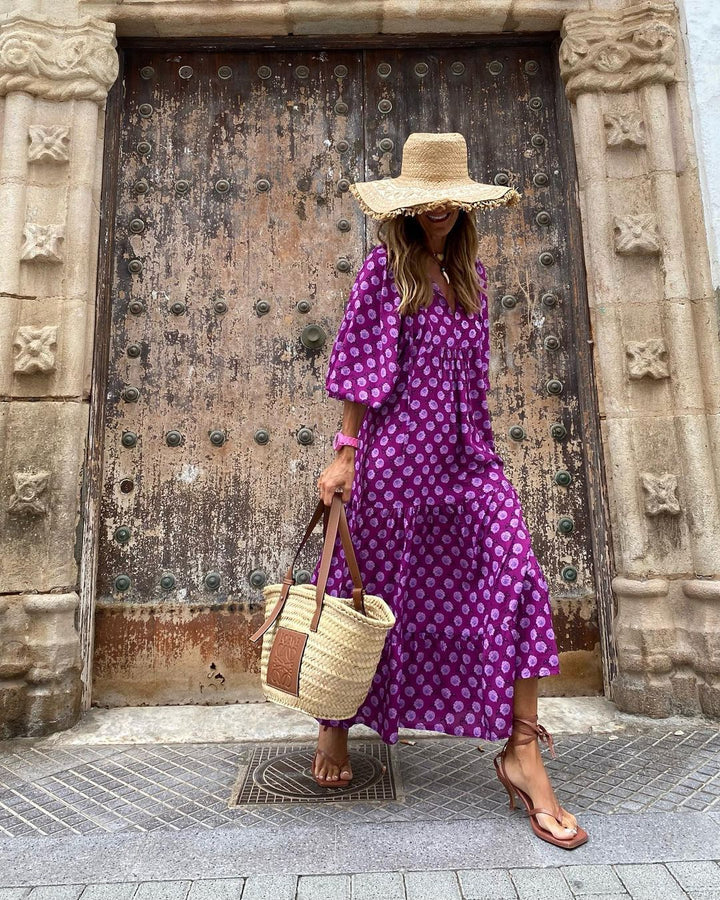 Robe Longue Bohème Femme – Décolleté V & Motif Imprimé Estival