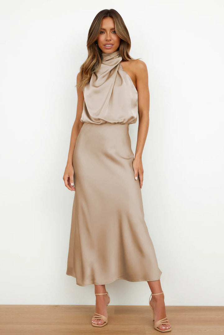 Robe Midi Femme Élégante – Robe Satinée Col Haut Drapé pour Soirée ou Occasion Spéciale