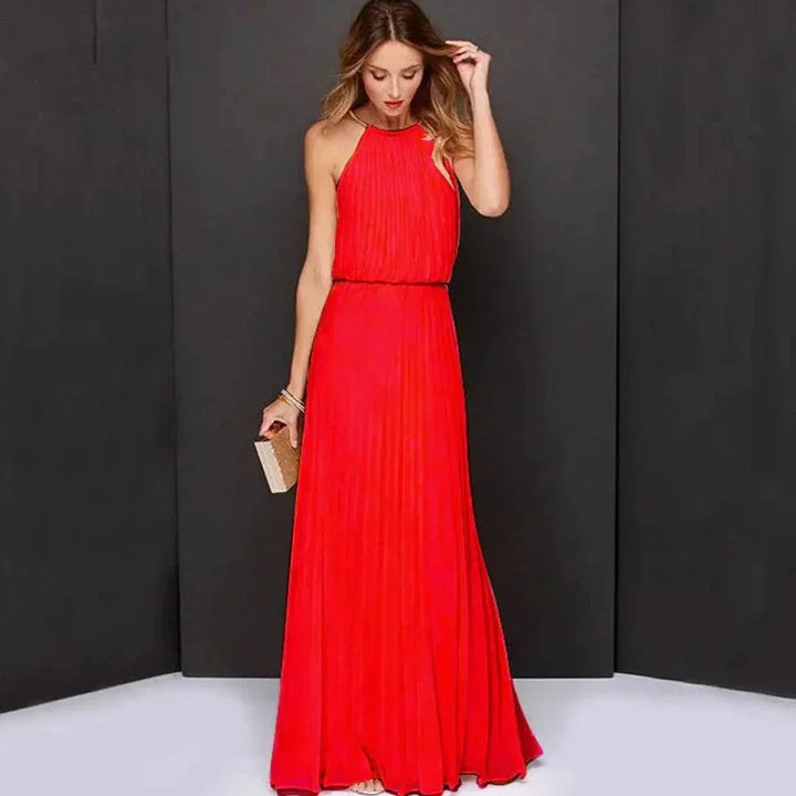 Robe Longue Plissée Femme – Dos Nu Élégant et Col Halter