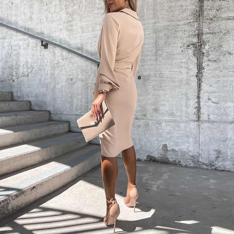 Robe Chemise Drapée Femme – Style Tailleur Élégant, Fente Frontale et Manches Longues