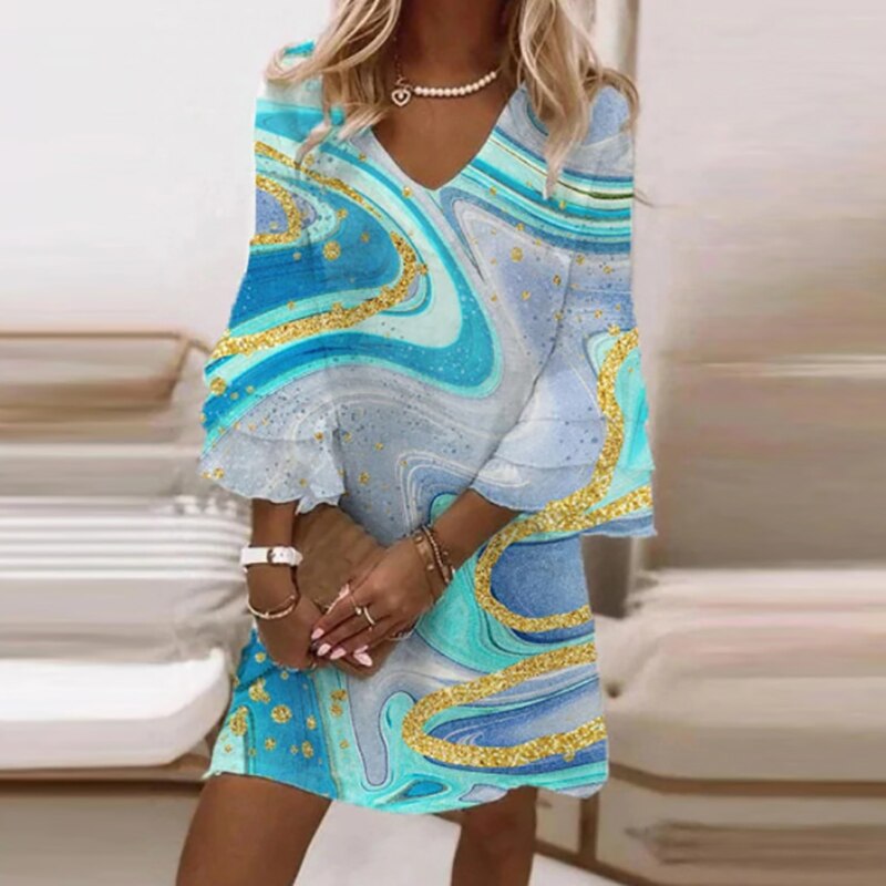 Robe Courte Femme Chic – Coupe Fluide avec Imprimé Marbré et Détails Dorés